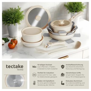 16-teiliges Kochtopfset Genua von Tectake, beige, mit Töpfen, Pfannen, Deckeln und Zubehör.
