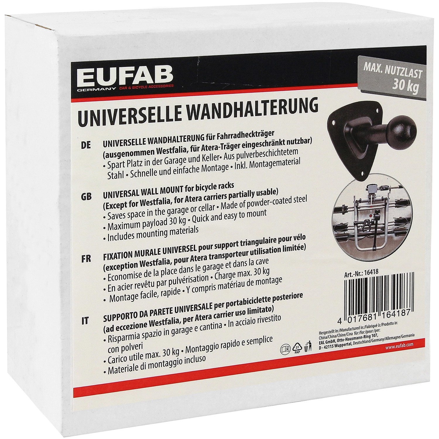 Eufab Wandhalterung für Fahrradträger, max. 30 kg Nutzlast, zur platzsparenden Aufbewahrung in Garage oder Keller.