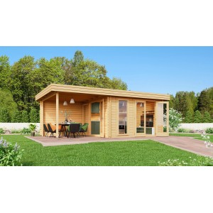 Fjordholz Gartenhaus Ronya 44, farblos imprägniert, mit Pultdach, Terrasse und Doppeltür im Garten.