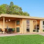 Fjordholz Gartenhaus Ronya 44, farblos imprägniert, mit Pultdach, Terrasse und Doppeltür im Garten.