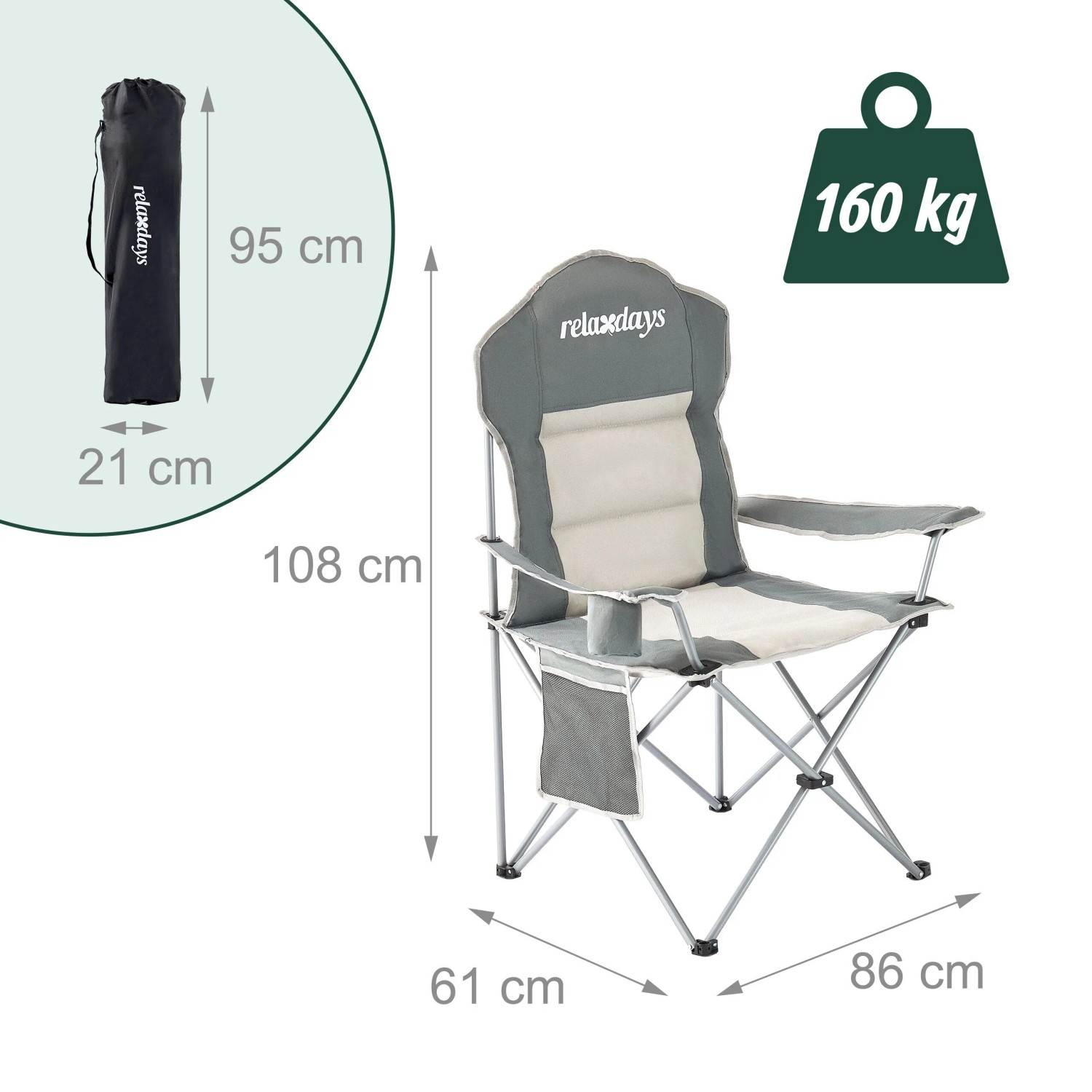 Relaxdays Campingstuhl Stahl Grau Faltbar 108 cm x 86 cm x 61 cm_4