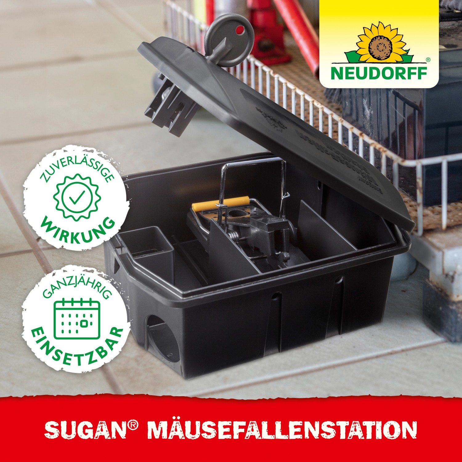Neudorff Sugan Mäusefallen-Station, schwarze Köderbox mit Schlagfalle für sichere Mäusebekämpfung.