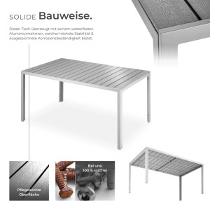 Tectake Gartentisch Bianca Aus Aluminium und Kunststoff Oberfläche In Holzoptik  150 x 90 x 74 50 cm Silber Grau