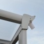 Detailaufnahme: Weiße Home Deluxe Terrassenüberdachung Solis aus Aluminium, Eckverbindung.