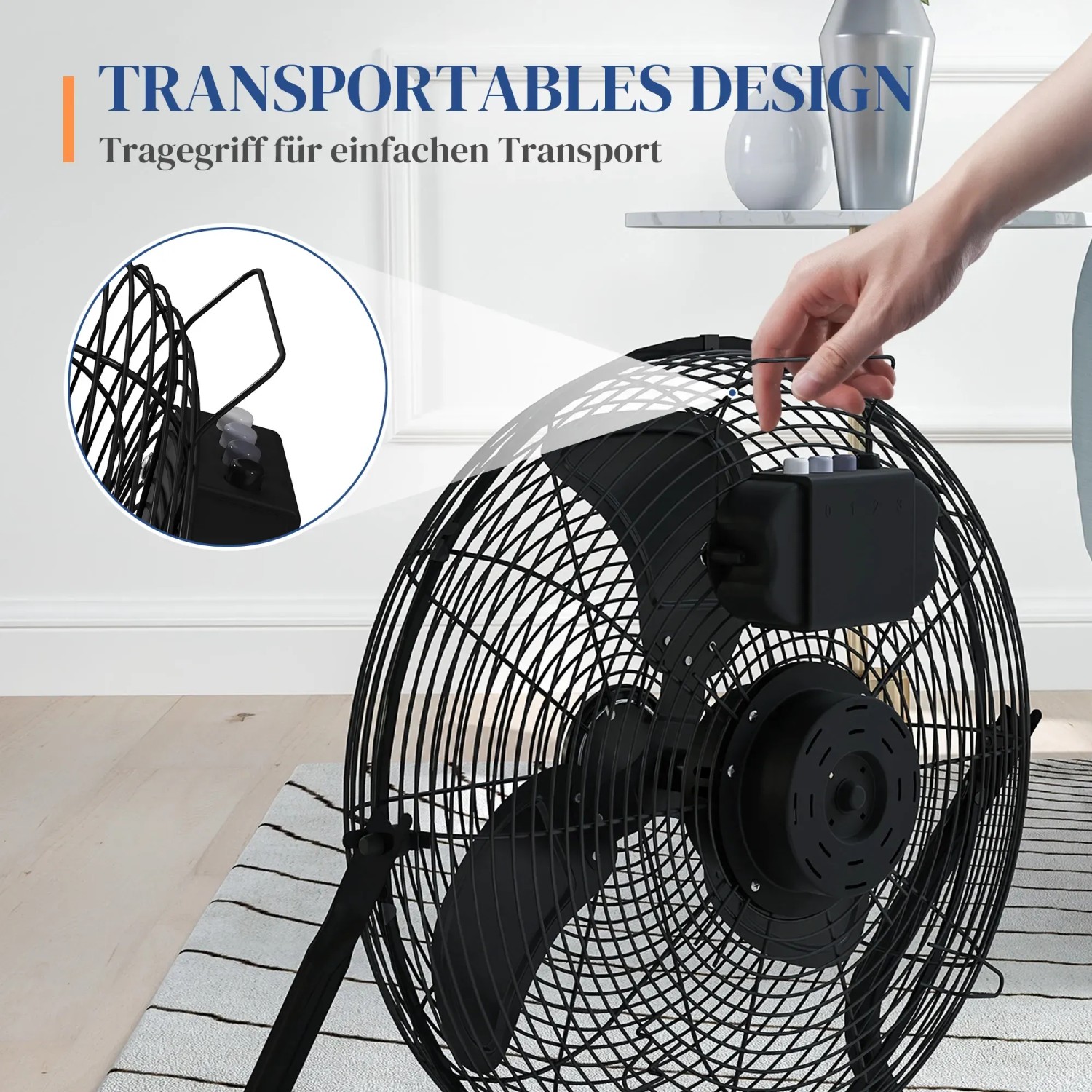 Schwarzer HOMCOM Tischventilator mit Tragegriff und drei Geschwindigkeitsstufen.