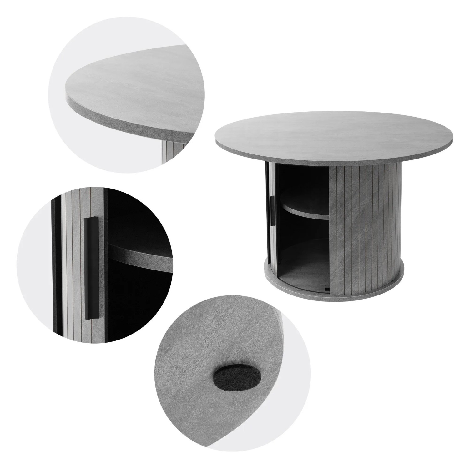 Runder Couchtisch in Beton-Optik Grau mit Schiebetür und Stauraum. Modernes Wohnzimmer-Design.