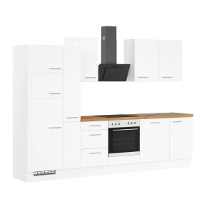 Vormontierte, weiße Impuls Küchenzeile (310 cm) mit E-Geräten und Holz-Arbeitsplatte.