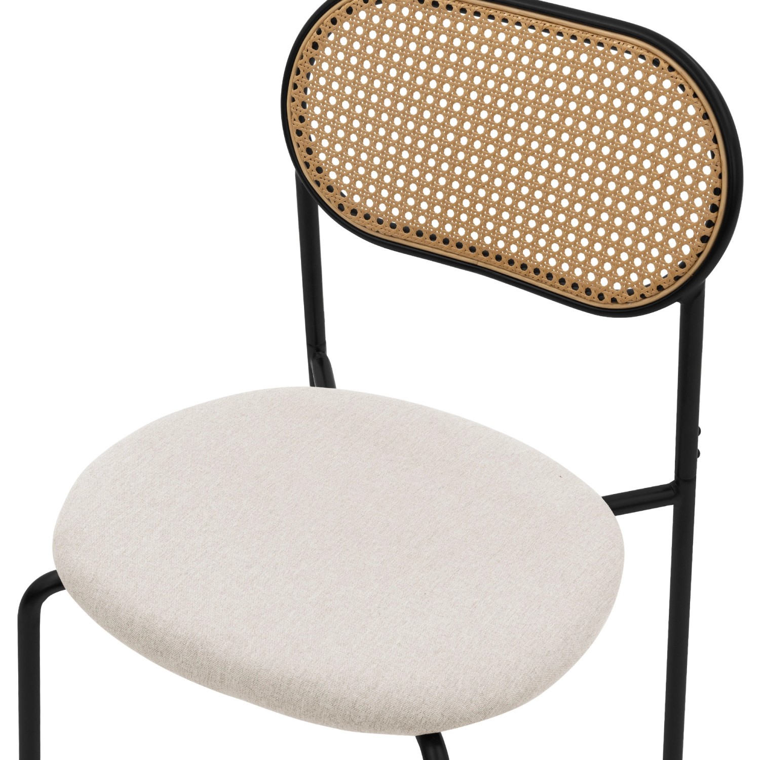 2er Set Esszimmerstühle Beige mit Rattanlehne und gepolstertem Sitz auf schwarzem Stahlgestell.