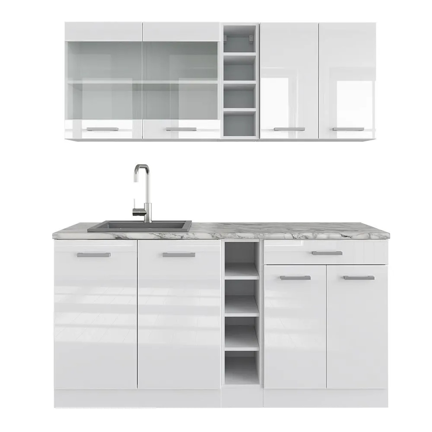 Vicco R-Line Singleküche Weiß Hochglanz Weiß 160 cm AP Marmor ohne E-Geräte