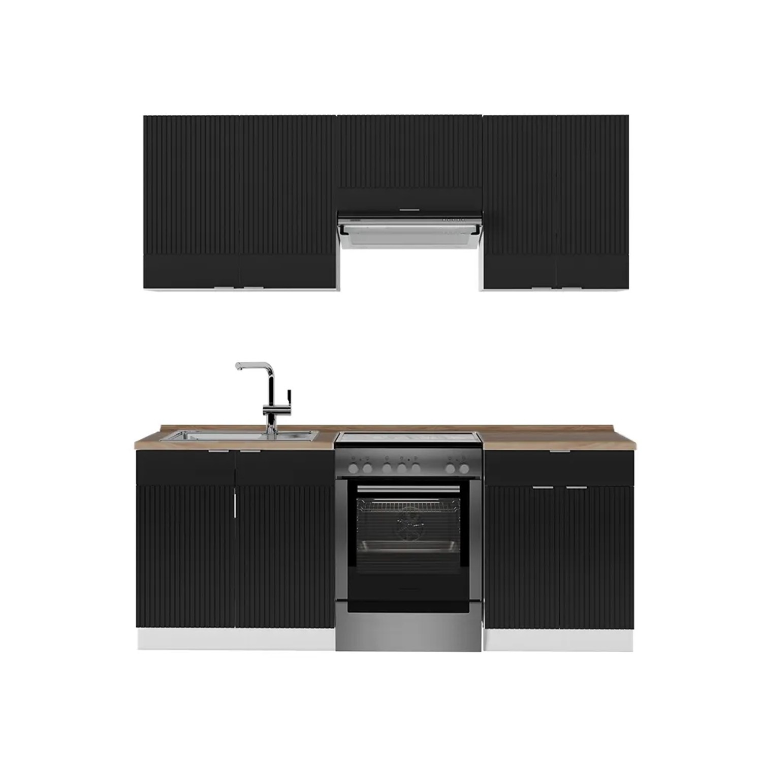 Vicco Fame-Line Küchenschränke Schwarz gestreift/Weiß 200 cm AP Eiche ohne E-Geräte