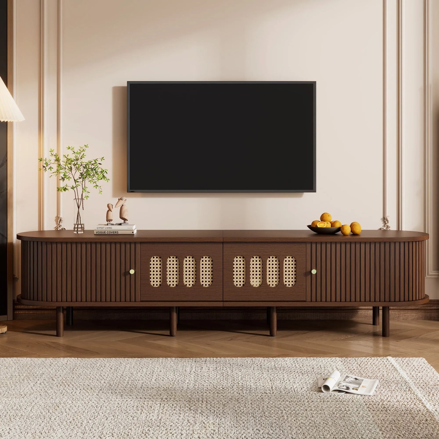 Merax TV Lowboard 180 cm Rattanoptik 2 Schubladen Rollladentür Walnussoptik