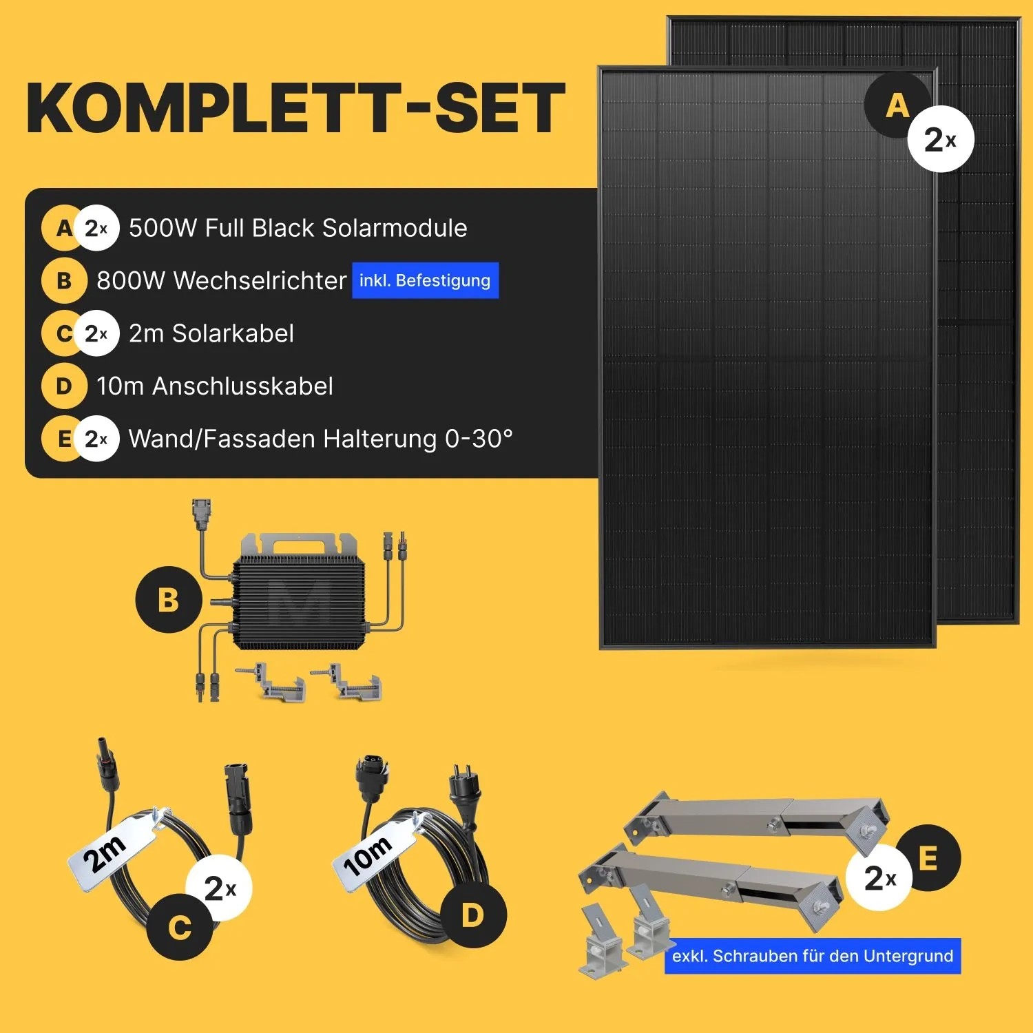 Solakon Balkonkraftwerk Komplettset: 2 schwarze Solarmodule, 800W Wechselrichter, Kabel, Wandhalterung. Steckerfertige Solaranlage.