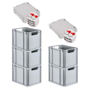 PROREGAL Spar Set: 5 graue Euroboxen mit Scharnierdeckel und roten Verschlüssen, 30 Liter.