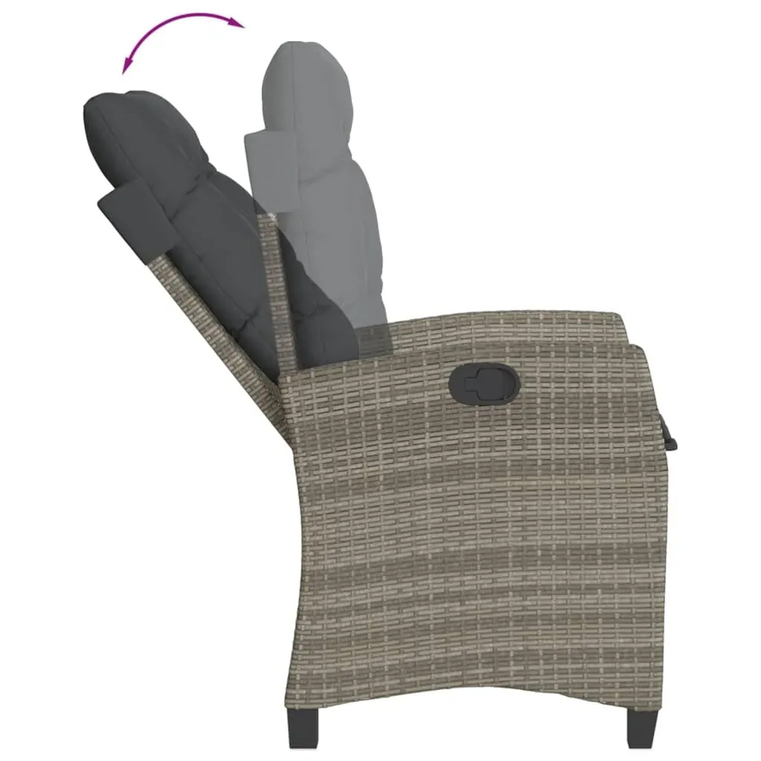 Verstellbarer Gartenstuhl aus grauem Rattan mit Kissen, Teil der 5-tlg. vidaXL Garten-Essgruppe.