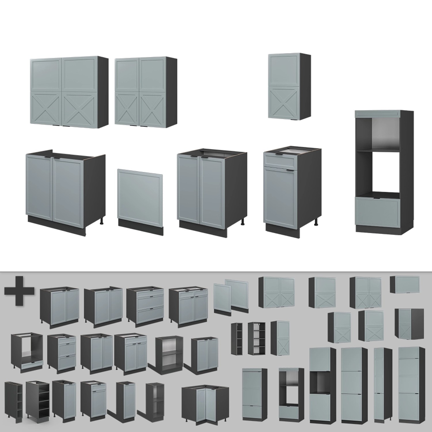 Vicco Fame-Line Küchenzeile 300cm in Hellblau-Grau/Anthrazit mit Marmor Arbeitsplatte.