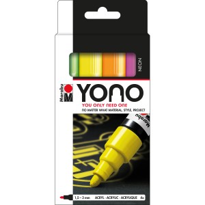 Marabu Yono Neon Marker Set, 4 Stifte (Neon-Grün, Gelb, Orange, Pink), 1,5-3 mm.