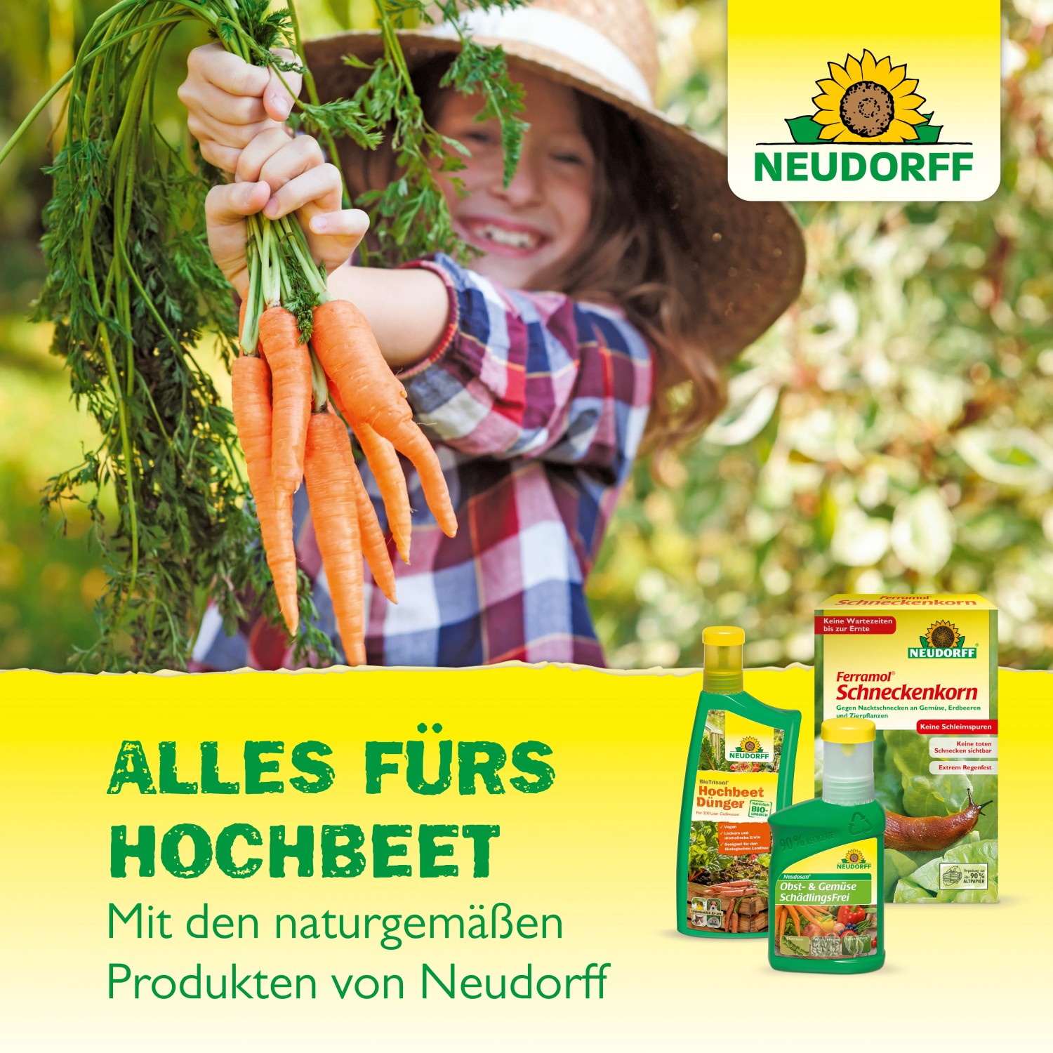 Mädchen mit Karotten und Neudorff Gemüsedünger. Organischer Dünger für Hochbeete und Gemüse.