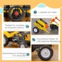 Gelb-schwarzer HOMCOM Trettraktor mit Anhänger, Schaufel und Frontlader. Lenkrad, Pedale und rutschfeste Räder sichtbar.