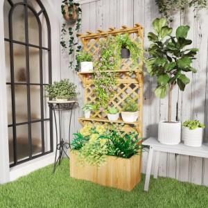 Outsunny Garten-Bett aus Tannenholz mit Rankgitter und Ablagen, Naturholz.