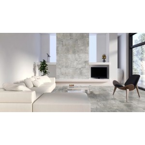 Wohnraum mit Classen Ceramin Fliese Neo Vario Malerva in grauer Steinoptik als Boden- und Wandfliese.