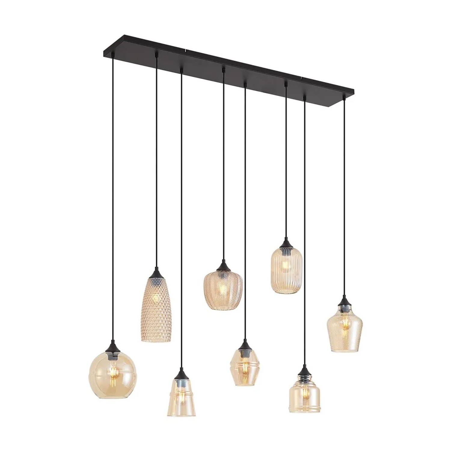 QAZQA Art Deco Hängeleuchte Schwarz mit Bernsteinfarbenem Glas 8 Flammig Hanne