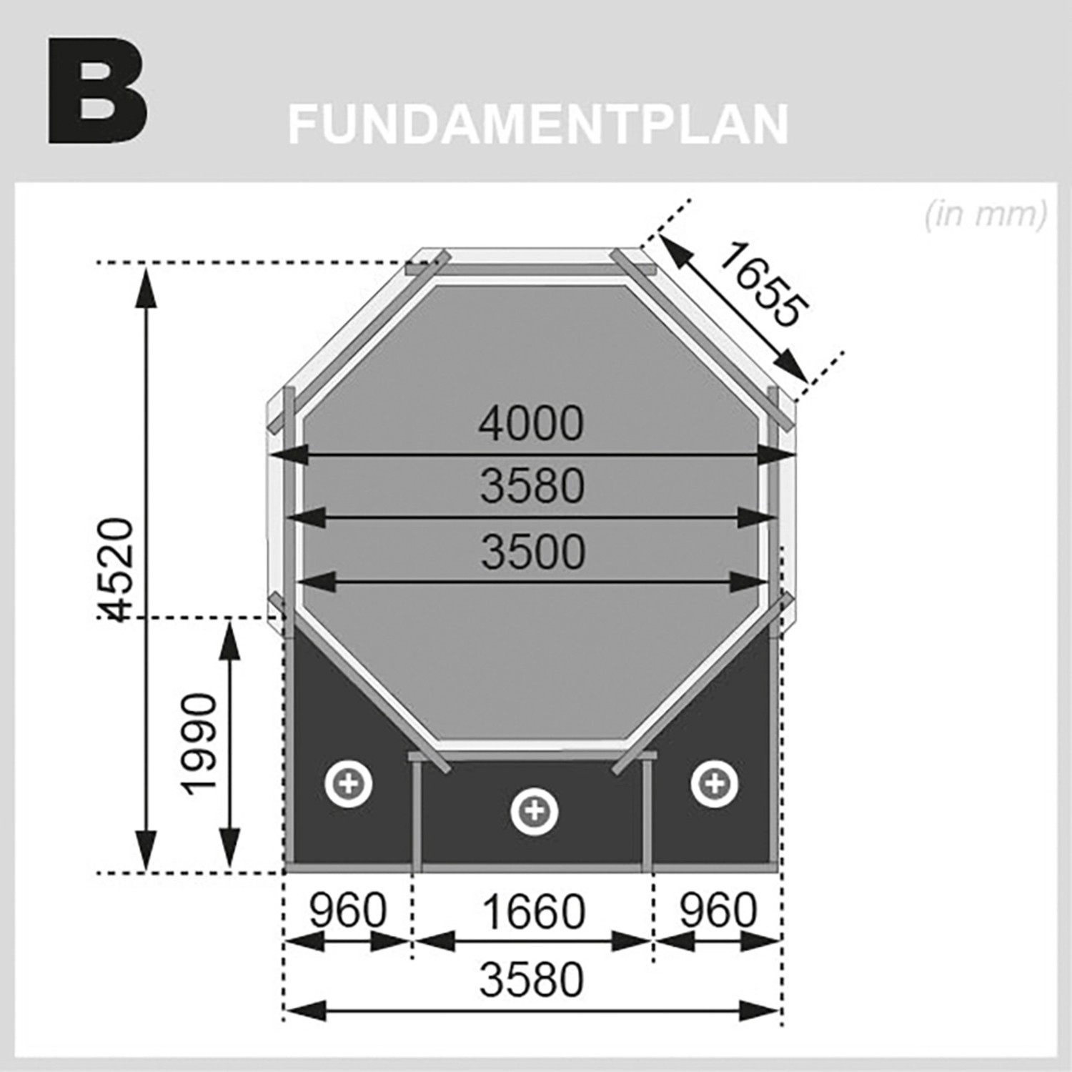 Fundamentplan Karibu Pool Modell 1 D KDI mit Maßangaben in mm für den Holzpool.