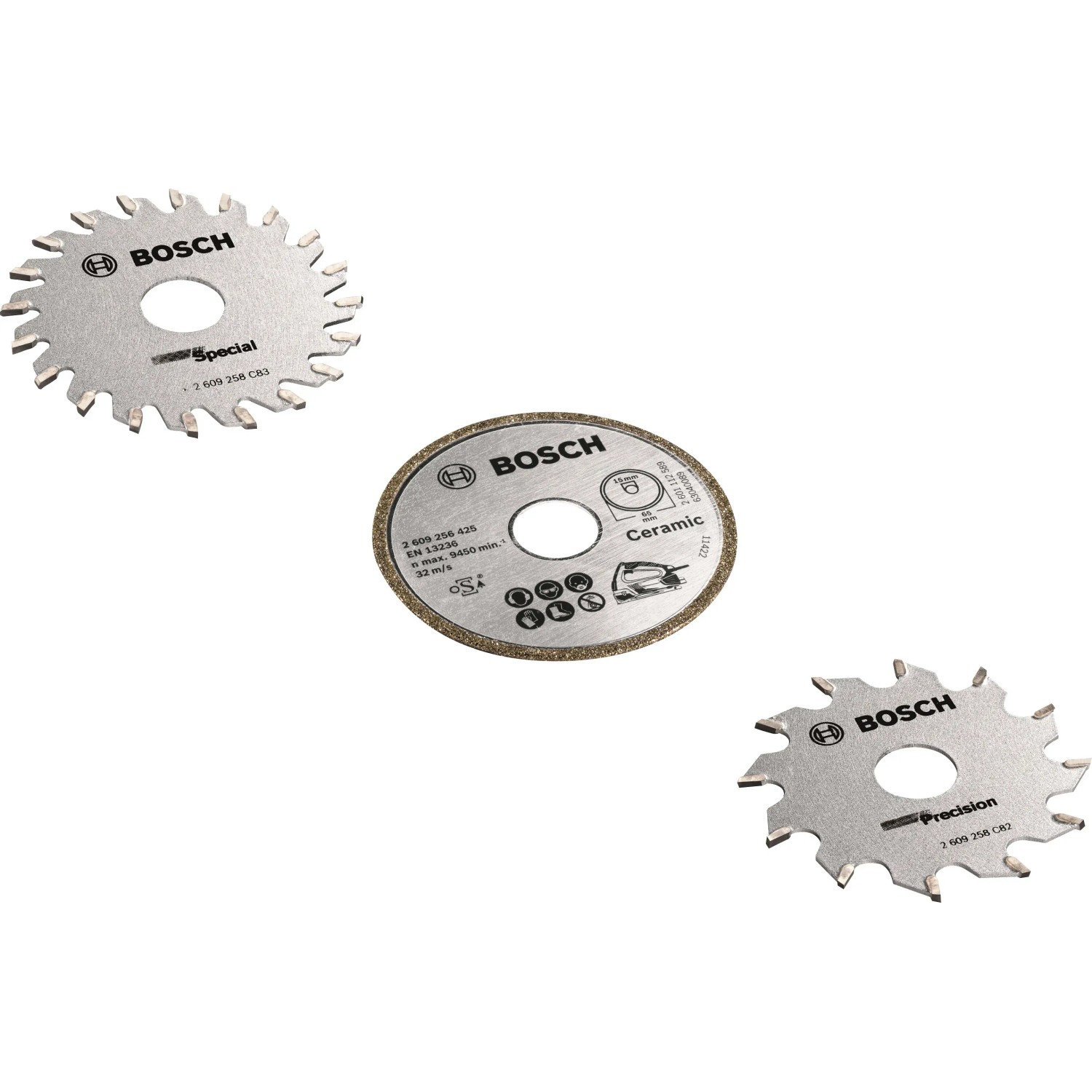Drei Sägeblätter für die Bosch Multi-Handkreissäge PKS 16: Precision, Special und Diamanttrennscheibe Ceramic.