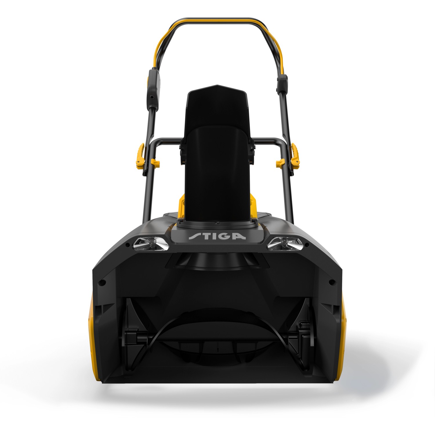 Stiga Akku-Schneefräse ST 700e, Frontansicht. Kompakte Schneefräse in Schwarz/Gelb mit Akku und Ladegerät.