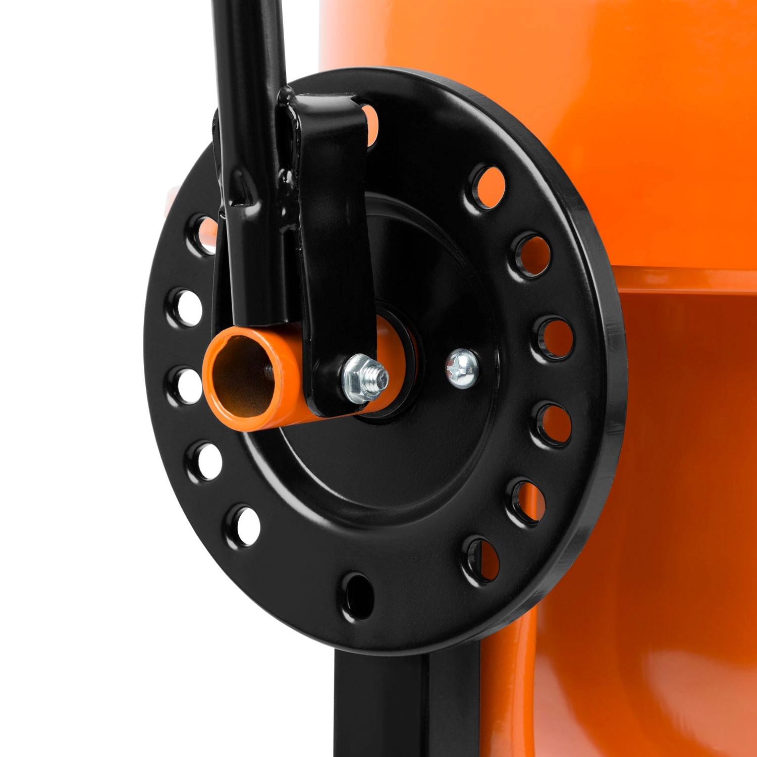 Detailaufnahme: EBERTH 65L Betonmischer, Trommel-Schwenkmechanismus mit Feststellrad.