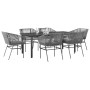7-teilige Garten Essgruppe: Graue Rattan-Stühle mit Kissen und Tisch mit Glasplatte. Gartenmöbel-Set für 6 Personen.