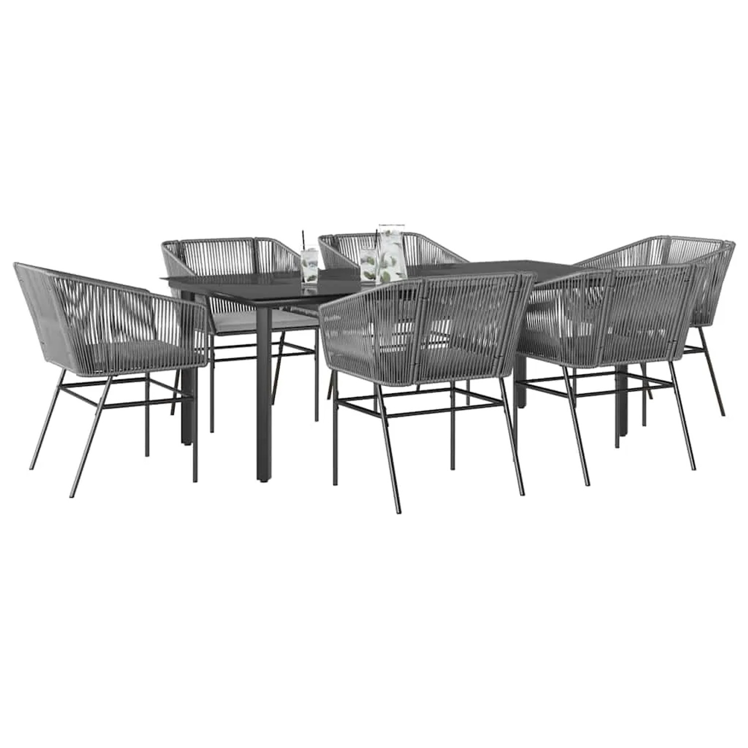 7-teilige Garten Essgruppe: Graue Rattan-Stühle mit Kissen und Tisch mit Glasplatte. Gartenmöbel-Set für 6 Personen.
