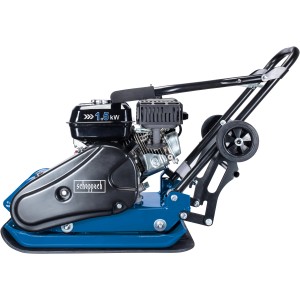Scheppach Rüttelplatte HP1400S, blaue Baumaschine mit Rädern und schwarzem Motor.