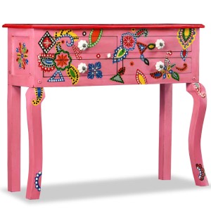 Rosa Konsolentisch aus Mangoholz mit 4 Schubladen, handbemalt mit bunten floralen Mustern. Dekoratives Sideboard.