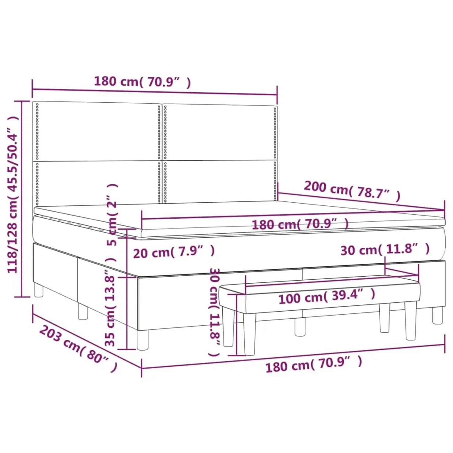 Cremefarbenes Boxspringbett 180x200 cm mit Matratze, Kopfteil und Bank. Bett aus Stoff.