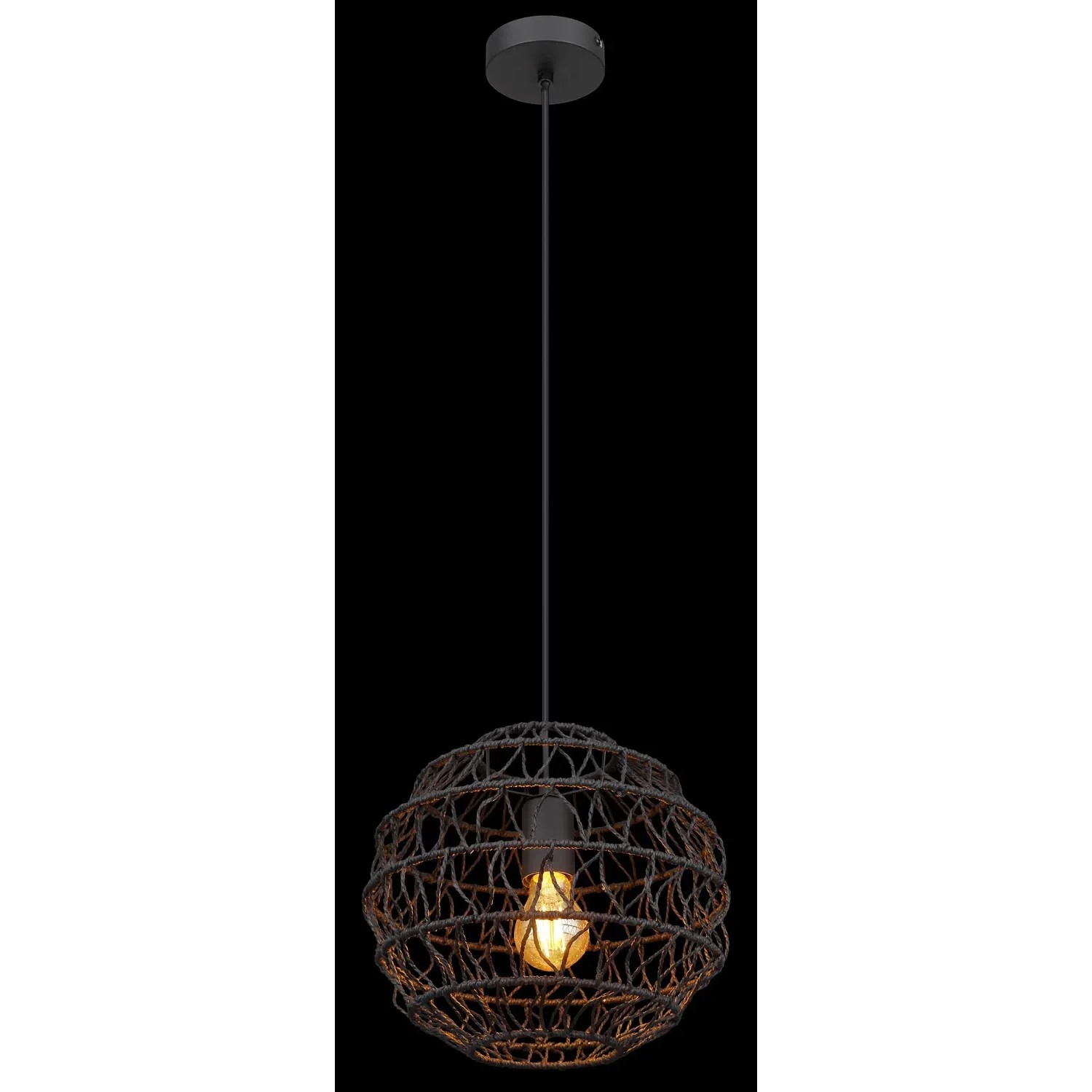 Schwarze Globo Hängeleuchte Senni, Ø 29 cm, Pendelleuchte mit geflochtenem Lampenschirm.