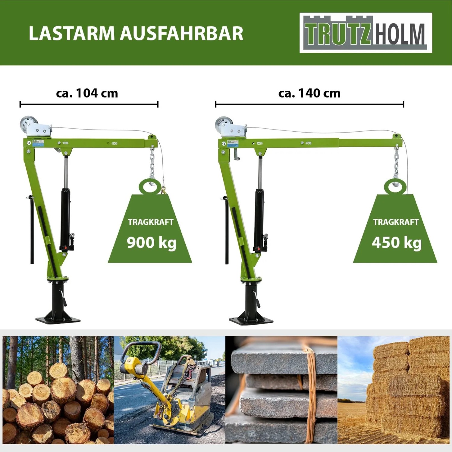 Grüner TRUTZHOLM Pickup Kran aus Stahl mit ausziehbarem Lastarm, zeigt 900 kg und 450 kg Tragkraft. Zum Heben von Holz, Maschinen, Baustoffen.