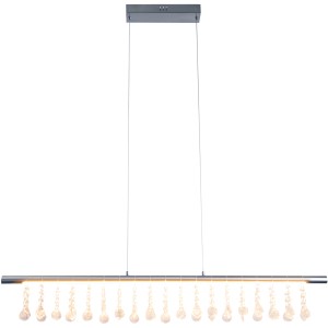 Moderne LED-Pendelleuchte Nobilis in Satin-Nickel, ca. 100 cm breit, mit dekorativen Kristallen.