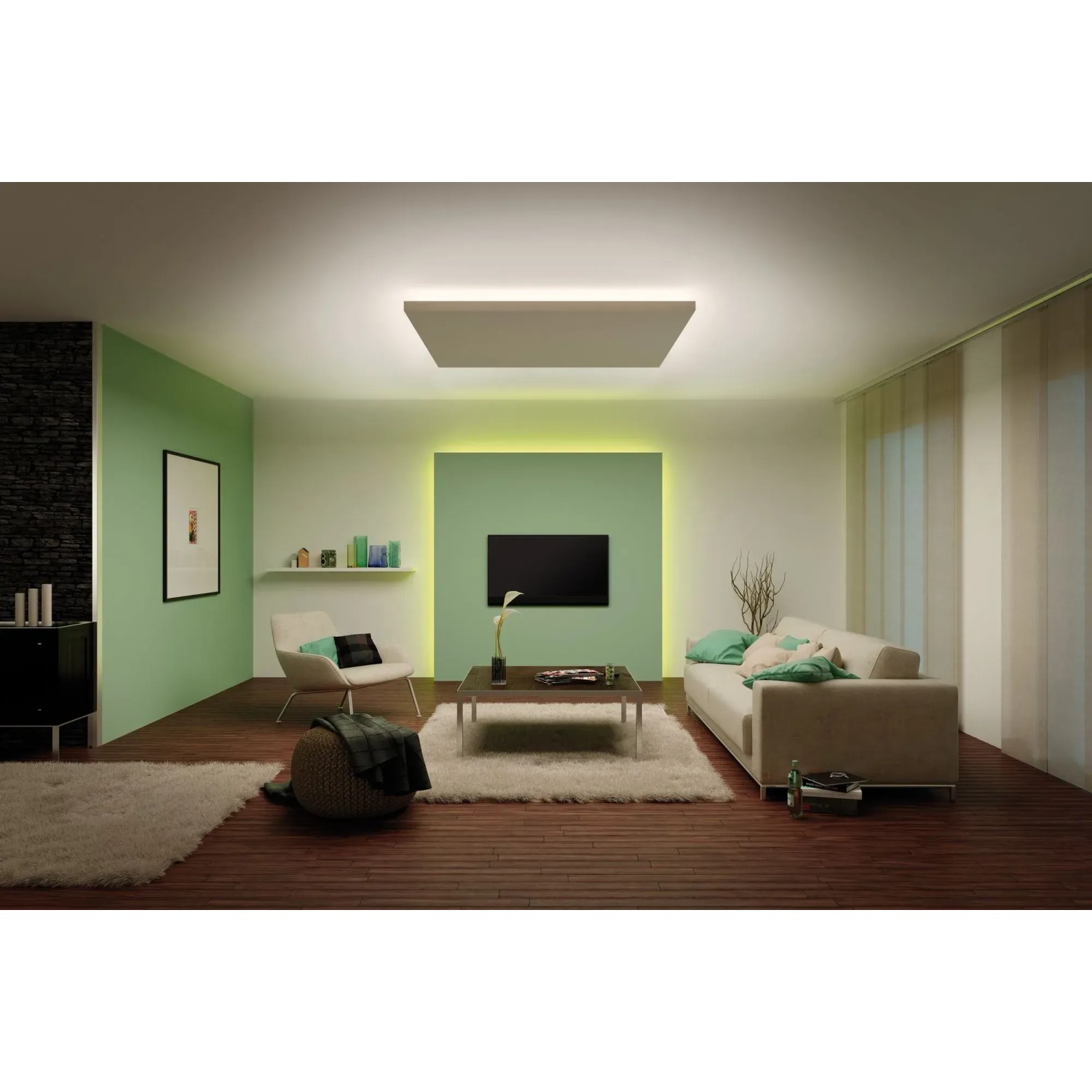 Wohnzimmer mit Paulmann MaxLED 1000 LED-Streifen als indirekte Beleuchtung.