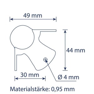 HMF Kugelecke aus verzinktem Stahl, silber, 44x44x30mm. Detailansicht mit 0,95mm Materialstärke und 4mm Loch.