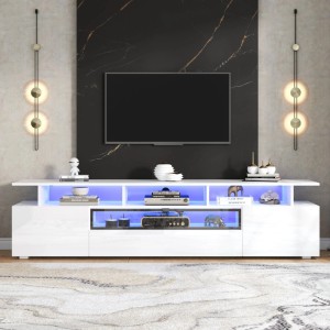 Weißer Hochglanz TV Schrank mit blauer LED Beleuchtung, Schublade und offenen Fächern. Modernes Lowboard für Wohnzimmer.