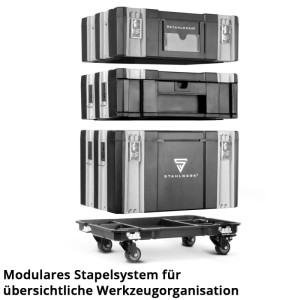 STAHLWERK Mobiles Toolbox Set mit 3 Werkzeugkoffern, Rollbrett und Lenkrollen.