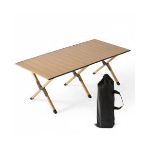 Klappbarer Campingtisch aus Stahl in Holzoptik, 120x60 cm, mit schwarzer Tragetasche. Für Camping & Outdoor.