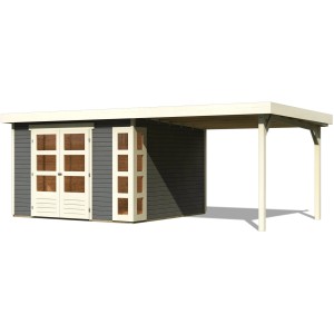 Karibu Gartenhaus Sölve 6 terragrau mit Anbaudach, 302x306 cm. Holzhaus mit Doppeltür und überdachtem Bereich.