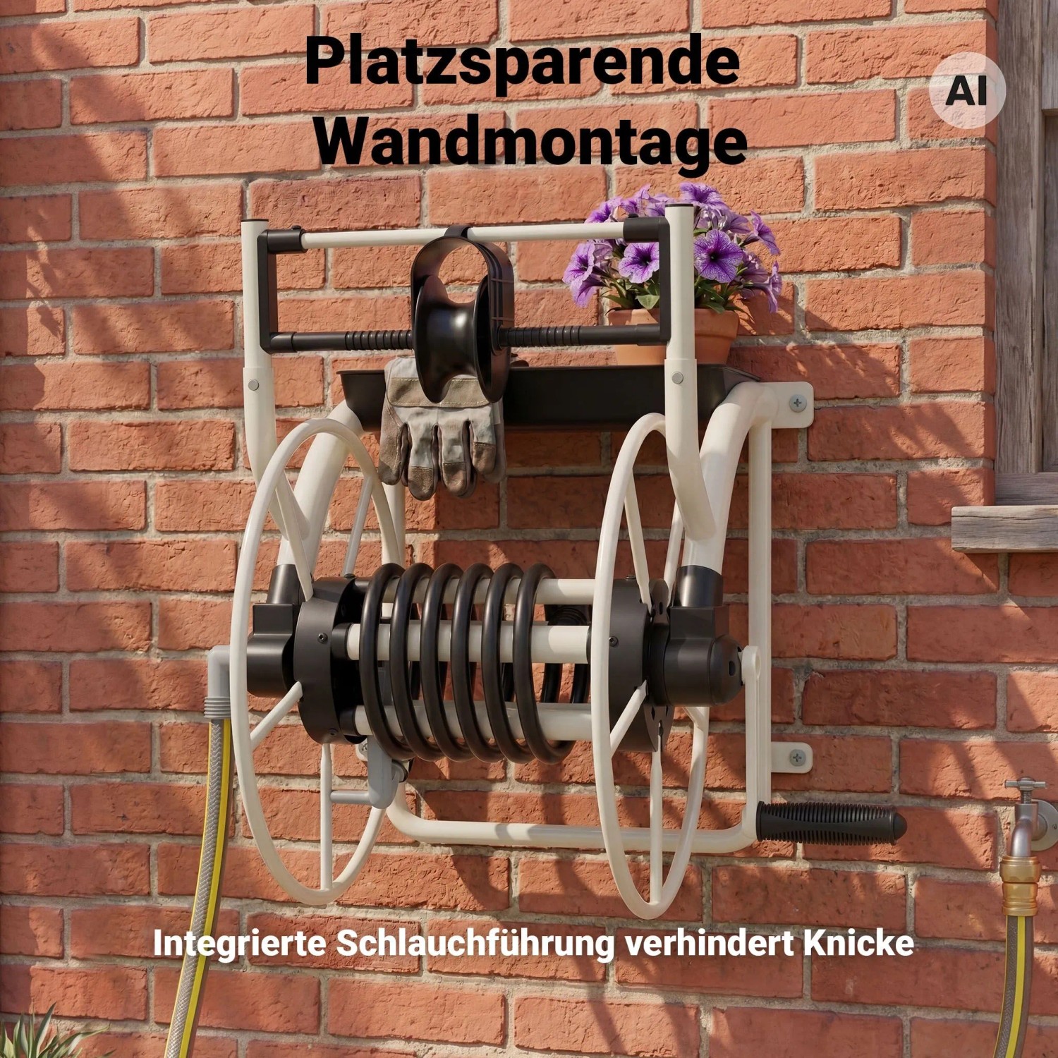 Xpotool Metall-Schlauchtrommel an Ziegelwand. Robuster Gartenschlauch Aufroller mit Handkurbel, Schlauchführung & Ablage.