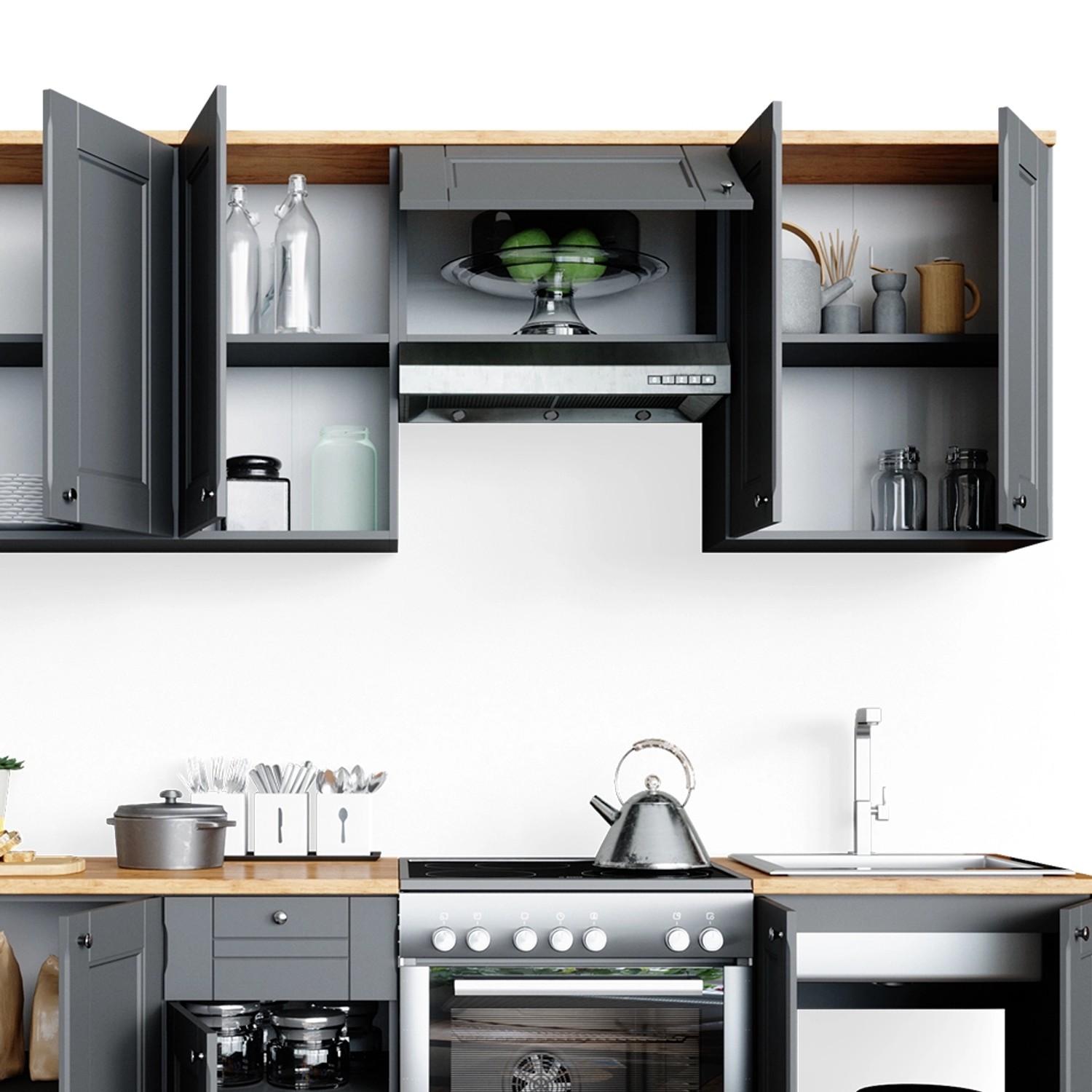 Graue Vicco Bergamo Küchenzeile (240 cm) mit Eiche Arbeitsplatte und Hängeschränken.