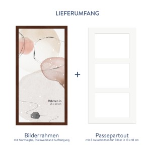 WANDStyle Galerierahmen Nussbaum für 3 Fotos (13x18). Bilderrahmen mit Passepartout für Hoch- und Querformat.