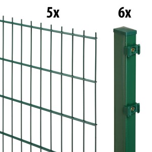 Moosgrünes Doppelstabmatten-Set: Zaunfeld und Zaunpfosten mit Klemmen für Gartenzäune. Komplett-Set.