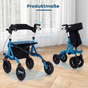 Costway Rollator mit Luftbereifung Faltbar mit Sitz Bis 136 kg Blau