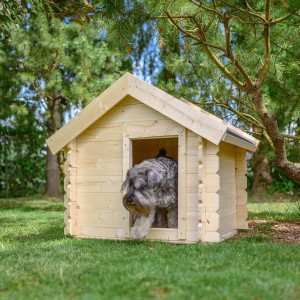 Kleine, beige-braune Timbela Hundehütte aus FSC®-zertifiziertem Holz mit Hund.