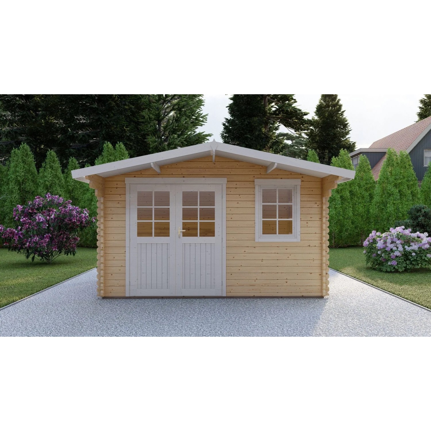Finn Art Blockhaus Norwegen 16: Gartenhaus aus Holz mit Doppeltür und Fenster.